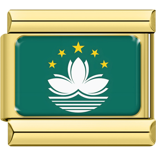 Gold Italian charm featuring the flag of Macau with a white lotus flower, stylized waves, and yellow stars on a green background.
